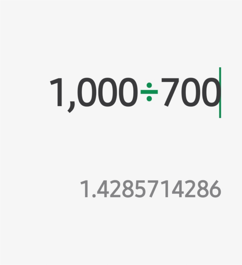 1000만원이 700만원으로 줄었을 때 원금 회복에 필요한 수익률을 계산기로 계산한 화면